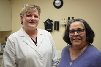 Nurse Practitioner Cynthia Mattoni (left) is the new medical provider at Front Street Community Health Center. Paula Rohrbacher is a medical assistant and works at the front desk. The health center also has a full-time case manager. (Photo by Lisa Phu/KTOO)