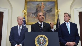 President Obama, flanked by Secretary of State John Kerry (right) and Vice President Joe Biden, announced the Keystone XL pipeline decision Friday in the Roosevelt Room of the White House. Mandel Ngan/AFP/Getty Images