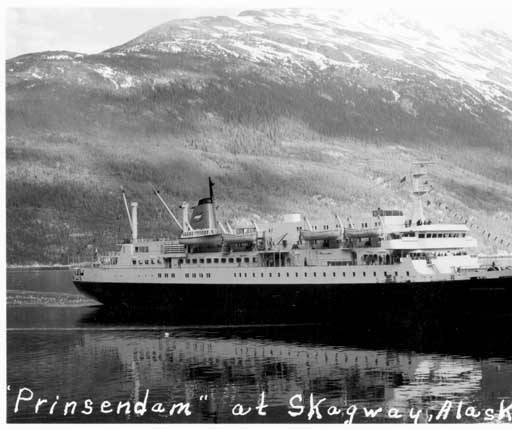 The Prinsendam on a postcard, pictured at Skagway before the fire. (Photo courtesy of the Alaska State Library)