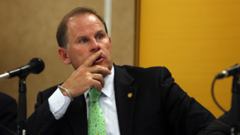 University of Missouri System President Tim Wolfe, seen at a news conference last year in Rolla, Mo., announced his resignation Monday following a meeting of the University Board Of Curators. Jeff Roberson/AP