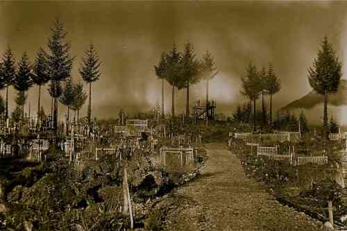The Sitka cemetery in the 1900s. Sam estimates it is the final resting place for 1600 bodies, 400 of which are marked. All are connected with the Russian Orthodox church and many are Tlingit. (Photo courtesy of Bob Sam)