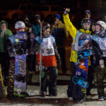 Contestants cheer on each other as they wait their turn to jump at the Downtown Rail Jam Dec. 19th. (Photo by Mikko Wilson/KTOO)