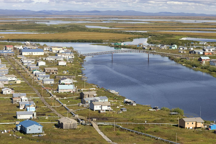 The community of Selawik, near the mouth of the Selawik River, is home to over 800 people. The site of the village, spread between riverbanks and an island, is also called Akuligaq, meaning "a river fork." (Photo by Steve Hillebrand/USFWS)