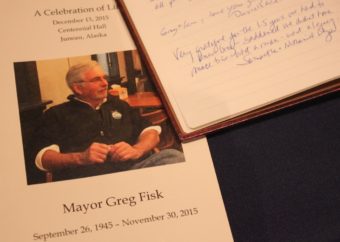 Many signed the guest book at the celebration of life for Greg Fisk. (Photo by Lisa Phu/KTOO)