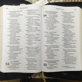 The new Yup’ik Bible, ‘Tanqilriit Igat,’ as it’s displayed at the Bethel Moravian Bookstore. (Photo by Charles Enoch/KYUK)