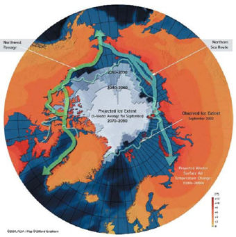 This projection shows Arctic sea ice coverage will substantially decrease by 2070. (Image courtesy of Arctic Council)