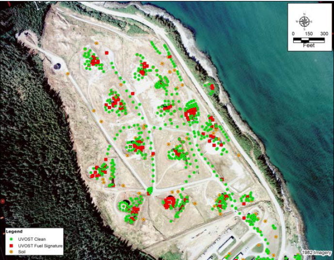 The former tank farm. Red dots show locations where potential contamination was found. Green dots are sites that were tested and no contamination was found. (Image courtesy of North Wind, Inc.)