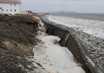 With the bay not freezing the last three winters, storms have ripped earth away from the Togiak seawall. "It's starting to collapse," said city administrator Darryl Thompson after two harsh storms slammed the coast in less than a week. (Photo courtesy of City of Togiak)