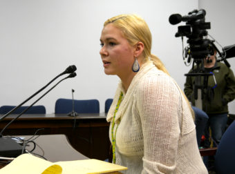 Christina Love, a Recovery Coach from Juneau, testifies before the Alaska House Health and Social Services Committee, January 26, 2016. She voiced her support for Senate Bill 23 which would provide immunity for prescribing, providing, or administering opioid overdose drugs. (Photo by Skip Gray/360 North)