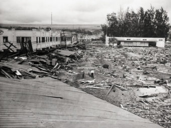 Part of the main street in Hilo, Hawaii, was flattened by a tsunami in April 1946. That big wave was triggered by a quake near the Aleutian Islands, where the edges of two tectonic plates continue to collide. Bettmann/Corbis