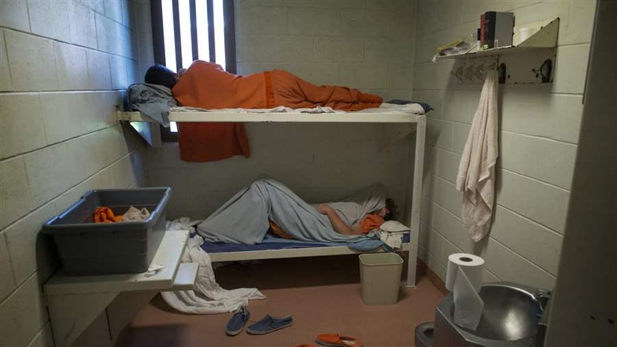 Two inmates likely going through painful opioid withdrawal in a jail in Portland, Maine. About 65 percent of the nation’s 2.3 million inmates are addicted to drugs or alcohol, but few get the medications that could help them beat their addictions. Getty Images