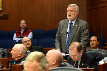 Sen. Gary Stevens addresses a joint session of the Alaska Legislature during debate about confirmations of the governor's appointees, April 17, 2014. (Photo by Skip Gray/Gavel Alaska)