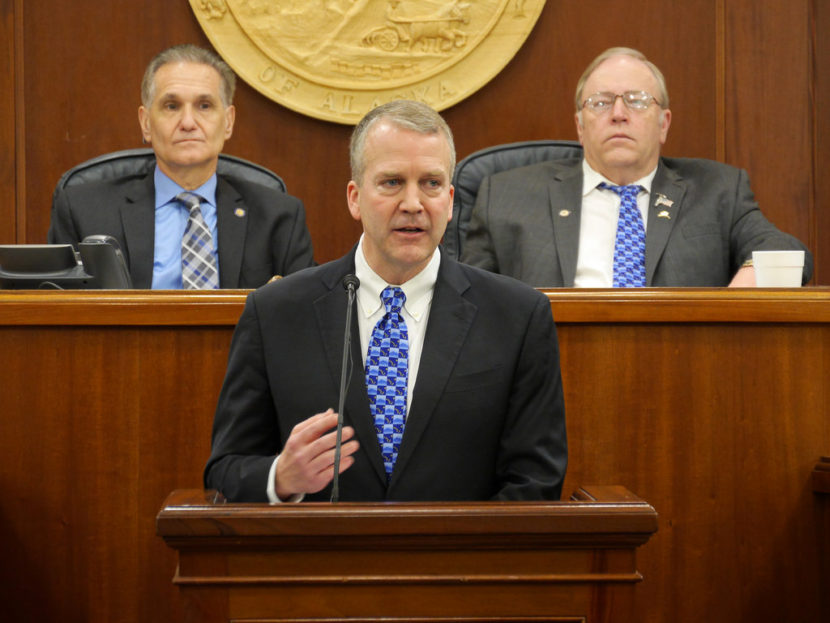 U.S. Sen. Dan Sullivan, R-Alaska, gives his annual address to the Alaska Legislature, Feb. 29, 2016. Behind him from left to right are Senate President Kevin Meyer and House Speaker Mike Chenault. (Photo by Skip Gray/360 North)