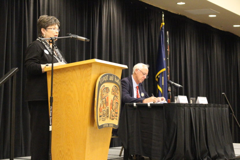 Mayoral candidate Karen Crane and Ken Koelsch spoke at the Native Issues Forum. (Photo by Elizabeth Jenkins/KTOO)
