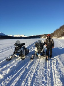 Joe Cleaver and the team’s snowmachines on a recent training run near Puntilla Lake. (Photo courtesy of Bobby Frankson) 