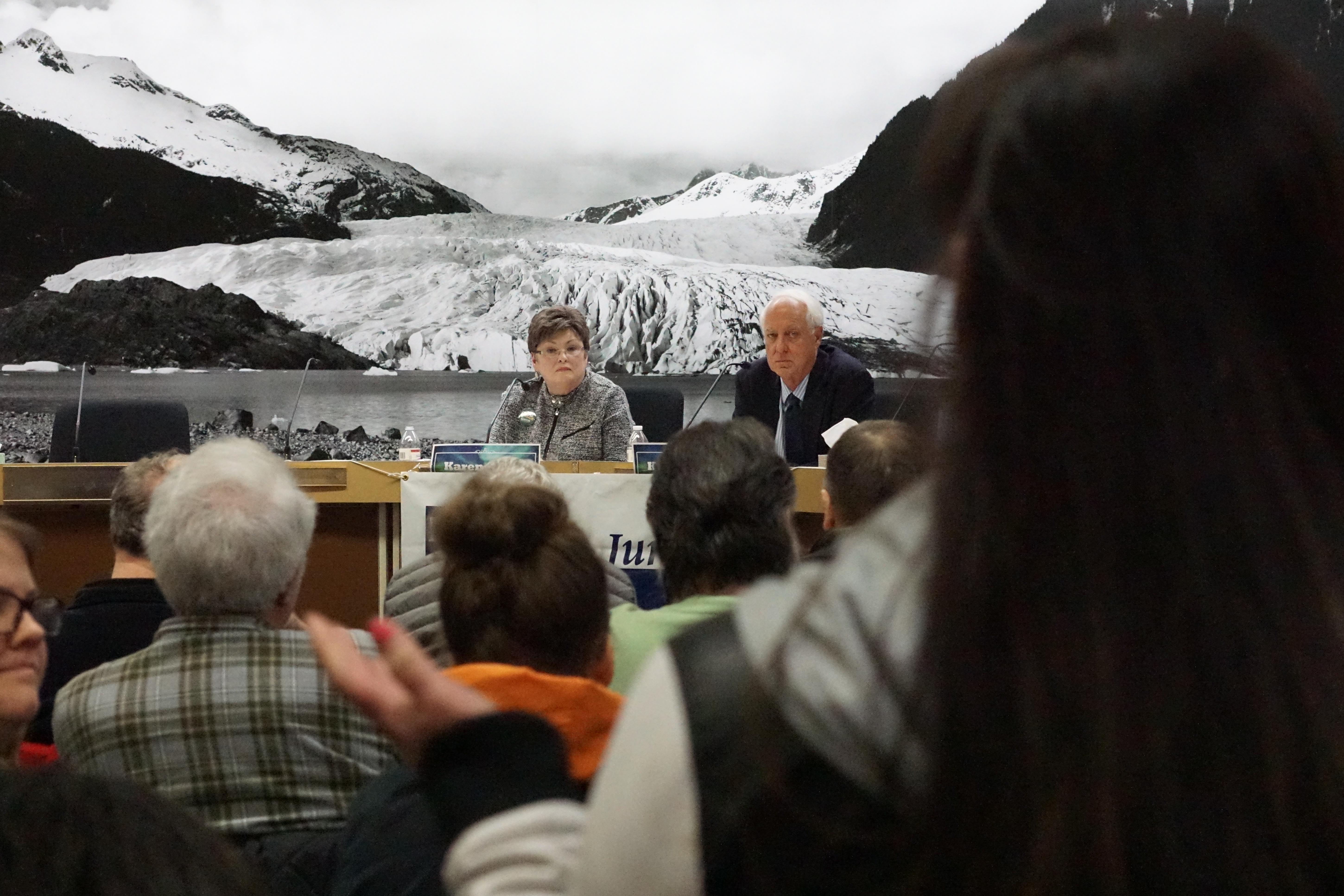 Mayoral candidates Karen Crane and Ken Koelsch at the Juneau League of Women Voters debate. 