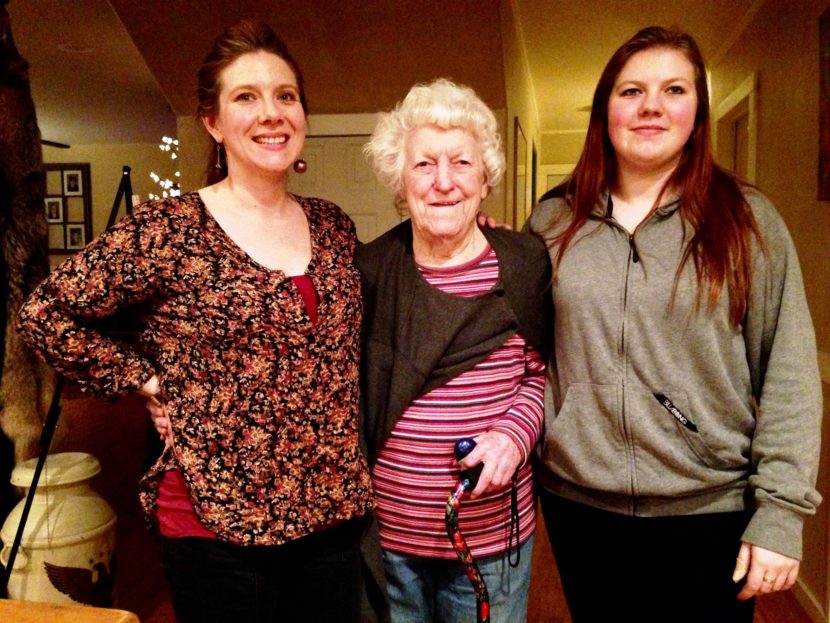 Elizabeth Tyner, 92, lives with her granddaughter, Melinda Cook, left, and great-granddaughter, Shawnee Cook, right. Tyner is among Southeast seniors aging at home. (Photo by Angela Denning/KFSK)