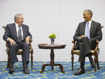 President Obama with Cuban President Raúl Castro during their historic meeting in April 2015 at the Summit of the Americas in Panama City. Pablo Martinez Monsivais/AP