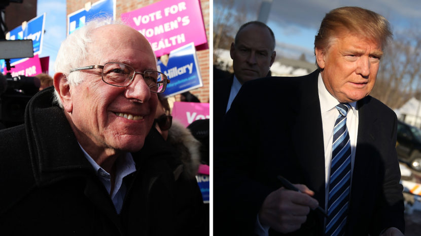 (left) Democratic presidential candidate Bernie Sanders greets voters in Concord, N.H. (right) Republican presidential candidate Donald Trump greets people as he visits a polling station in Manchester, N.H. (Spencer Platt; Joe Raedle/Getty Images)