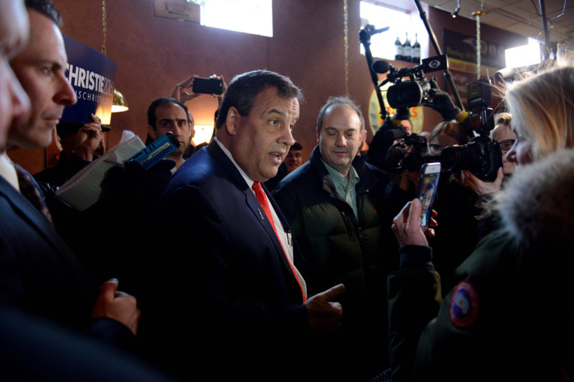Chris Christie makes a midday stop at T-Bones Great American Eatery in Derry, N.H., as he canvasses for votes on Tuesday. (Meredith Nierman/WGBH)