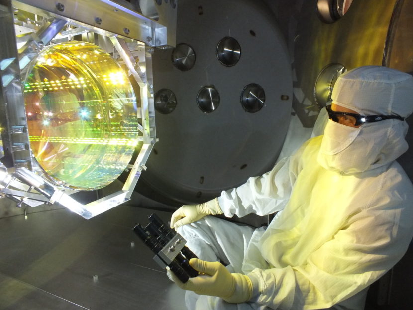 The gravity-wave detector bounces lasers off of high-precision mirrors to measure tiny changes in length. (Matt Heintze/Caltech/MIT/LIGO Lab)
