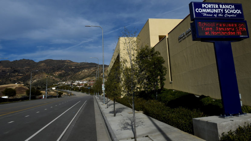 Deserted streets and a sign advising students to attend another school are seen in this photo of the Porter Ranch Community School, taken in January. (Mark Ralston/AFP/Getty Images)