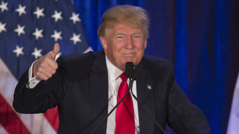 Donald Trump flashes a thumbs up after finishing second in the Iowa caucuses last week. (Jim Watson/AFP/Getty Images)