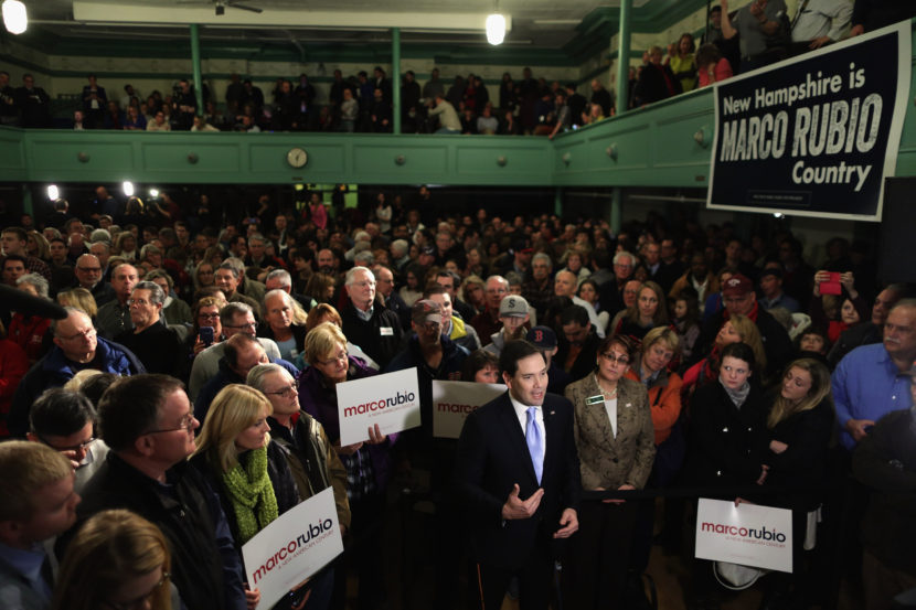 Marco Rubio is interviewed on live television before holding a campaign rally in the Exeter Town Hall Tuesday in Exeter, N.H. (Chip Somodevilla/Getty Images)