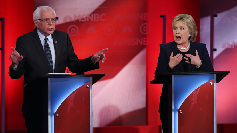 Hillary Clinton and Bernie Sanders at the final debate for Democratic before the New Hampshire primaries at the University of New Hampshire in Durham, New Hampshire on Thursday. (Justin Sullivan/Getty Images)