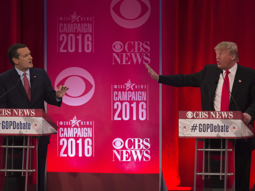 Republican presidential candidates Donald Trump and Ted Cruz argue during the CBS News Republican Presidential Debate in Greenville, South Carolina on Saturday. (JIM WATSON/AFP/Getty Images)