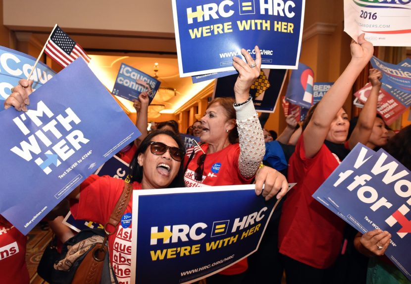 Naomi Barnes (left) shows her support for democratic presidential candidate Hillary Clinton during the Nevada caucus in Las Vegas, Nevada. (Josh Edelson/AFP/Getty Images)