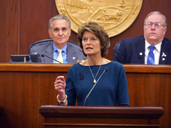 U.S. Senator Lisa Murkowski, R- Alaska, delivers her annual address to the legislature, Feb. 17, 2016. Behind her (left to right) are Senate President Kevin Meyer and Speaker of the House Mike Chenault. (Photo by Skip Gray/360 North)