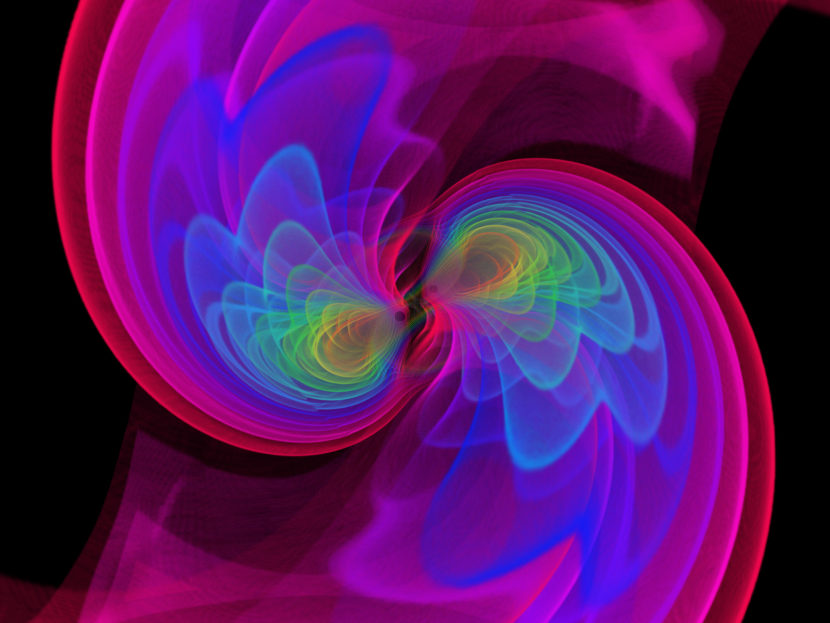A simulation shows gravitational waves coming from two black holes as they spiral in together. - S. Ossokine , A. Buonanno (MPI for Gravitational Physics)/W. Benger (Airborne Hydro Mapping GmbH)