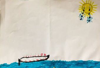 “Tears from the Sun,” a picture painted by a child refugee who survived the ocean crossing from Turkey to Greece. (Photo by Eric Kocher)