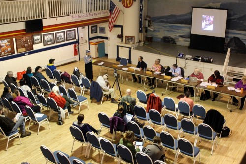 The Sitka School Board at ANB Founders Hall Monday night (3-14-16). ANB/ANS members asked for more frequent reports from the Sitka Native Education Program (SNEP), and suggested that the school board consider holding a second meeting each year in the Native community. (Photo by Robert Woolsey/KCAW)