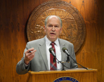 Gov. Bill Walker discusses the annual state revenue forecast at a press availability, March 21, 2016. (Photo by Skip Gray/360 North)