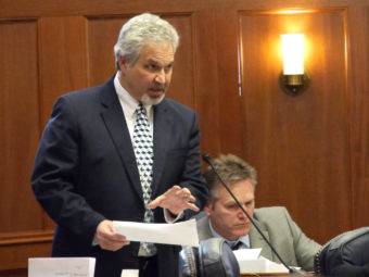 Sen. Pete Kelly, R-Fairbanks, wraps up the discussion on the state operating budget shortly before it was passed out of the Senate, March 14, 2016. (Photo by Skip Gray/360 North)