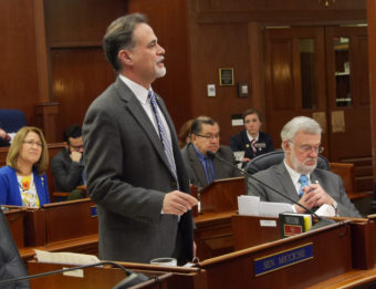 Sen. Peter Micciche, R-Soldotna, in the Senate during debate on the state operating budget, March 14, 2016. (Photo by Skip Gray/360 North)