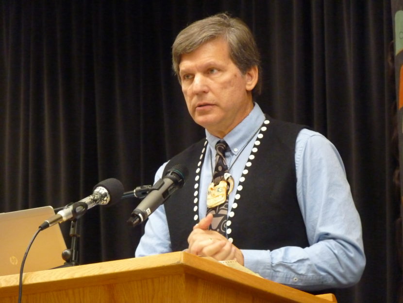 Will Micklin of the Tlingit-Haida Central Council discusses environmental monitoring March 9, 2016, at the Elizabeth Peratovich Hall in Juneau. (Photo by Ed Schoenfeld)