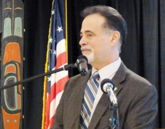 Sen. Peter Micciche talks about ferry system budget cuts and privatization at the Southeast Conference meeting in Juneau on March 15, 2016. (Photo by Ed Schoenfeld)