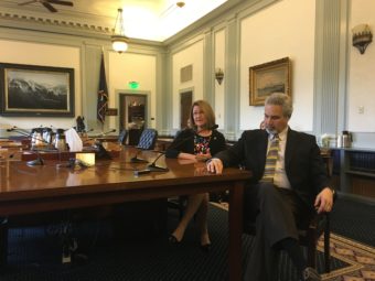 Senate Finance Committee Co-Chairpeople Anna MacKinnon and Pete Kelly discuss the budget. (Photo by Andrew Kitchenman)