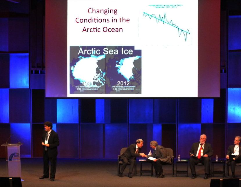 Ambassador David Balton delivers the keynote address during International Assembly Day during Arctic Science Summit Week in Fairbanks. Greenland's Minister Plenipotentiary Innuteg Holm Olsen greets Alaska Lt. Gov. Byron Mallott at center. David Kennedy, retired deputy under Secretary for Operations at National Oceanic and Atmospheric Administration, and Marcus Carson, senior research fellow at the Stockholm Environment Institute, listen at right.