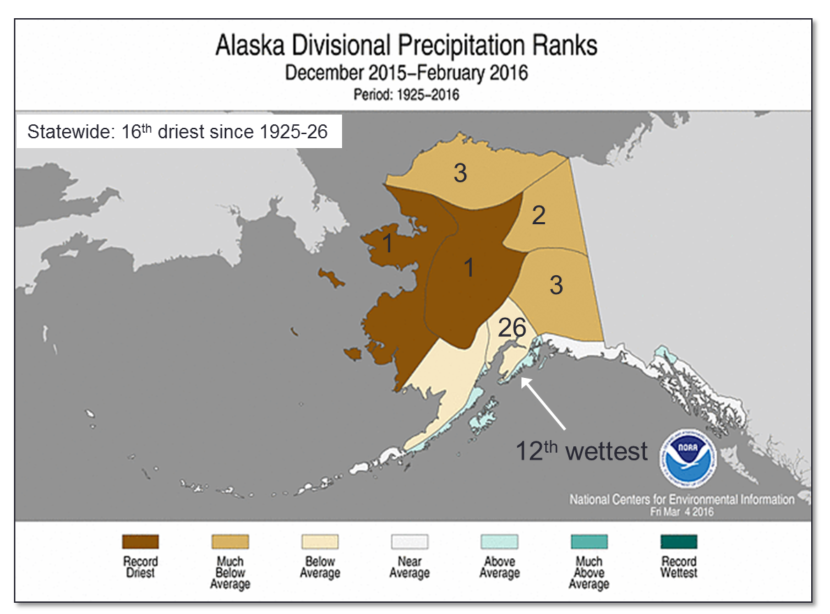 Alaska precipitation rankings for the winter 2015-16