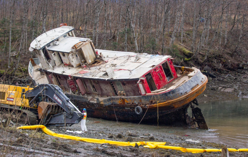 Excavators prepare to demolish the tug Challenger on March 7, 2016 (Photo by Mikko Wilson/KTOO)