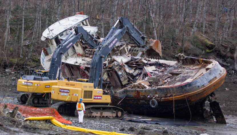 Excavators demolish the tug Challenger on March 7, 2016 (Photo by Mikko Wilson/KTOO)