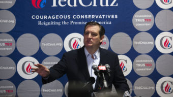 Republican presidential candidate Ted Cruz speaks to the media Friday after a town hall meeting in Oshkosh, Wis.