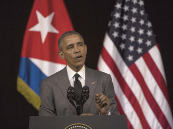 President Obama delivers a speech at the Grand Theater of Havana in Cuba on Tuesday. Obama said he came to Cuba to "bury the last remnant of the Cold War in the Americas." Desmond Boylan/AP