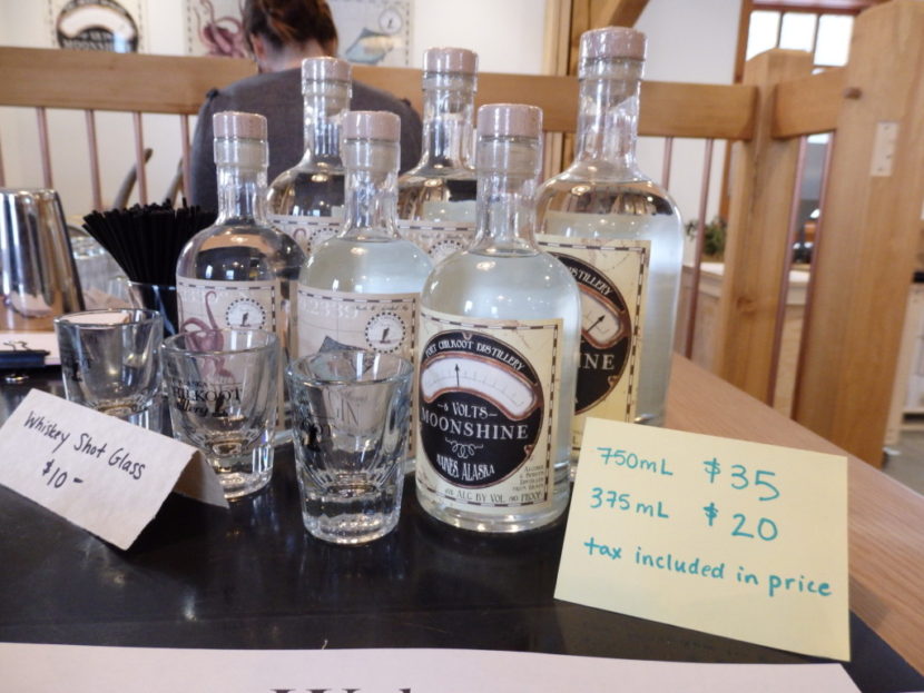 Haines’ Port Chilkoot Distillery Icy Strait Vodka, 50 Fathoms Gin and 12 Volts Moonshine. (Photo by Emily Files/KHNS)