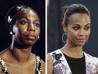 In this composite image, a comparison has been made between Nina Simone and actress Zoe Saldana. David Redfern/Frazer Harrison/Redferns/Getty Images for Relativity Media