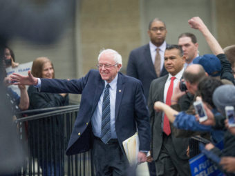 Sen. Bernie Sanders arrives for a rally at Macomb Community College on Saturday in Warren, Mich. Scott Olson/Getty Images